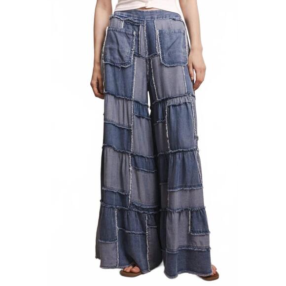 BLUE VELVET Pants - NEW BLUE VELVET wide leg patchwork chambray tiered pants in blue